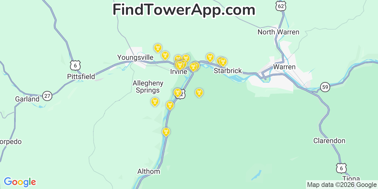 Map showing the 20 primary cell tower locations detected in Warren, Pennsylvania from AT&T, Verizon, and T-Mobile networks