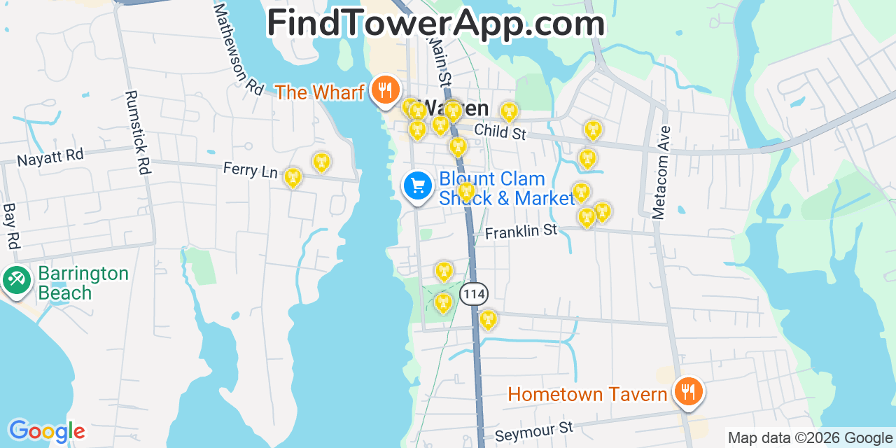 Map showing the 20 primary cell tower locations detected in Warren, Rhode Island from AT&T, Verizon, and T-Mobile networks