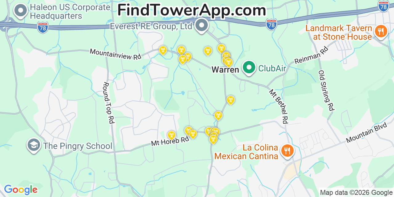 Map showing the 20 primary cell tower locations detected in Warren Township, New Jersey from AT&T, Verizon, and T-Mobile networks