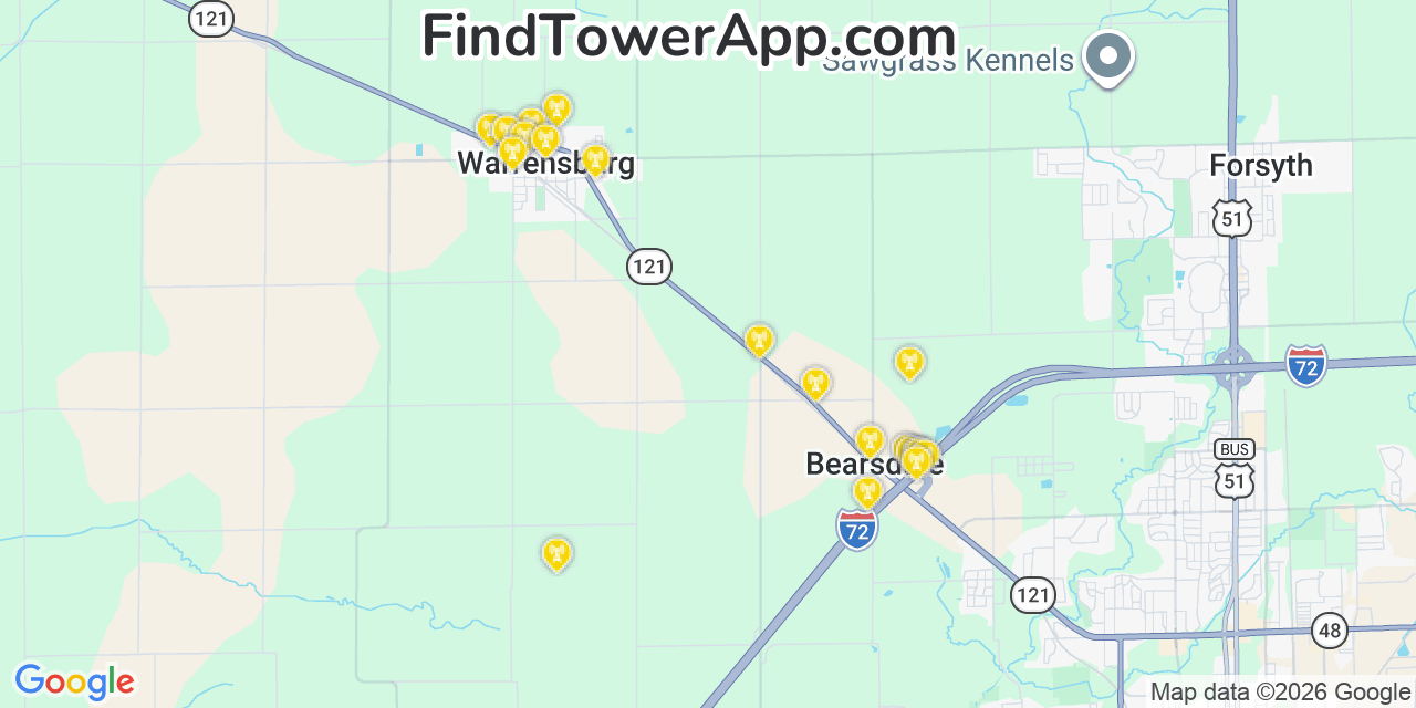 Map showing the 20 primary cell tower locations detected in Warrensburg, Illinois from AT&T, Verizon, and T-Mobile networks