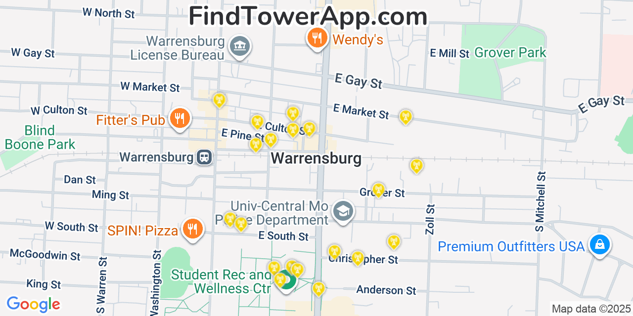 Map showing the 20 primary cell tower locations detected in Warrensburg, Missouri from AT&T, Verizon, and T-Mobile networks