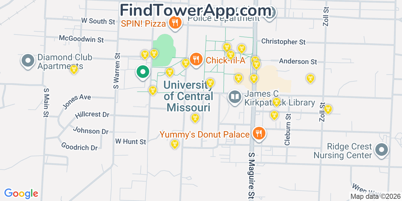 Map showing the 20 primary cell tower locations detected in Warrensburg, Missouri from AT&T, Verizon, and T-Mobile networks