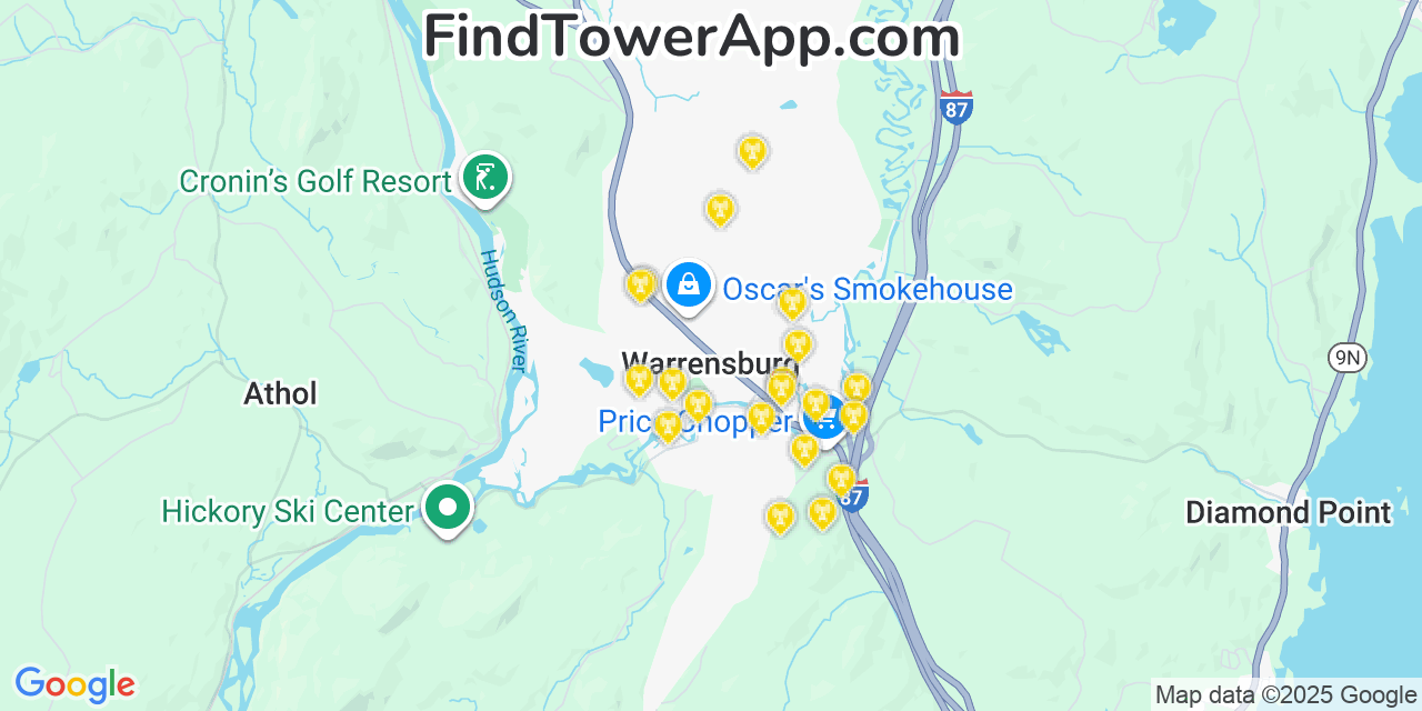 Map showing the 20 primary cell tower locations detected in Warrensburg, New York from AT&T, Verizon, and T-Mobile networks