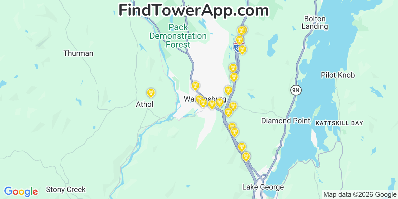 Map showing the 20 primary cell tower locations detected in Warrensburg, New York from AT&T, Verizon, and T-Mobile networks