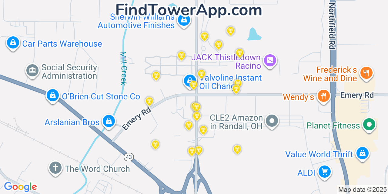 Map showing the 20 primary cell tower locations detected in Warrensville Heights, Ohio from AT&T, Verizon, and T-Mobile networks