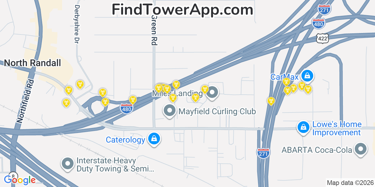 Map showing the 20 primary cell tower locations detected in Warrensville Heights, Ohio from AT&T, Verizon, and T-Mobile networks