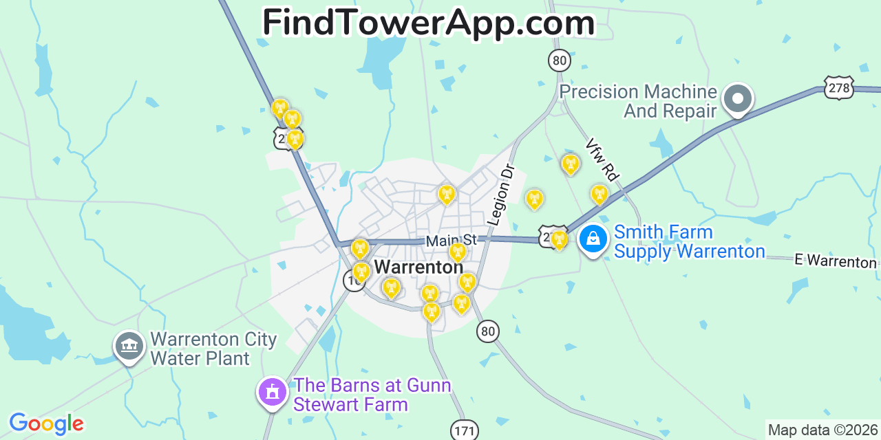 Map showing the 20 primary cell tower locations detected in Warrenton, Georgia from AT&T, Verizon, and T-Mobile networks