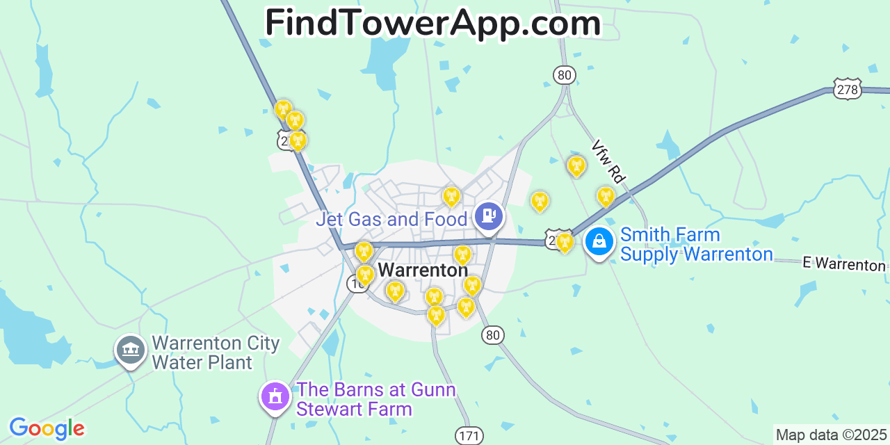 Map showing the 20 primary Mobitel cell tower locations detected in Warrenton, Georgia with coverage radius and signal strength indicators