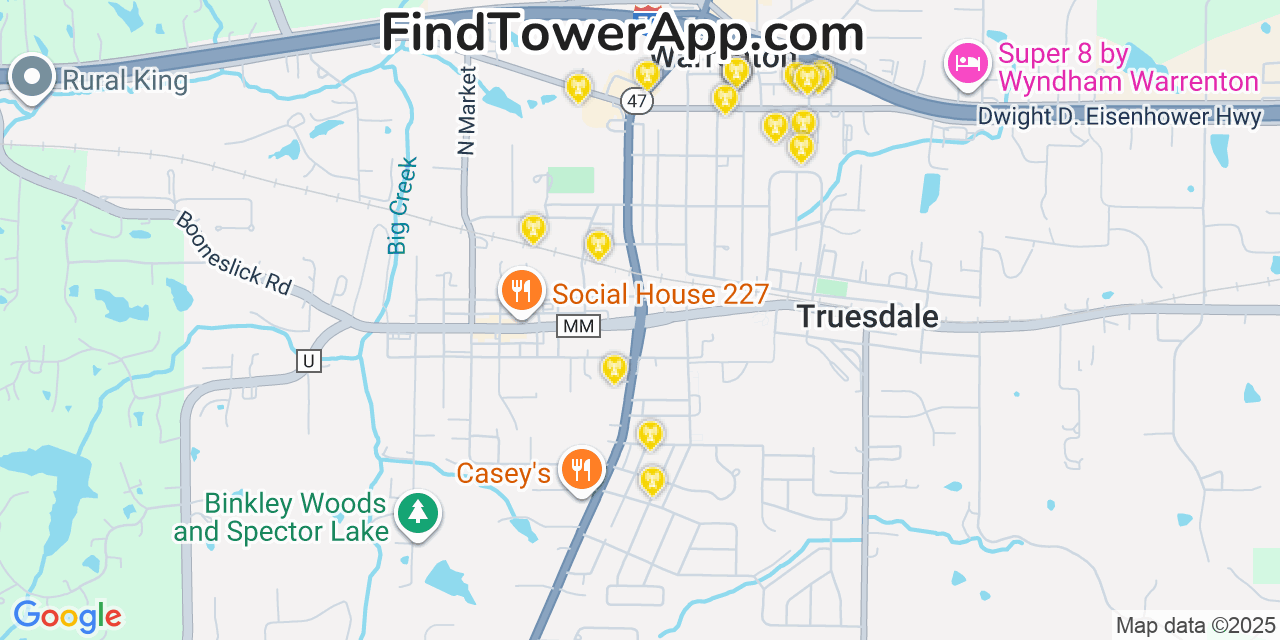 Map showing the 20 primary cell tower locations detected in Warrenton, Missouri from AT&T, Verizon, and T-Mobile networks