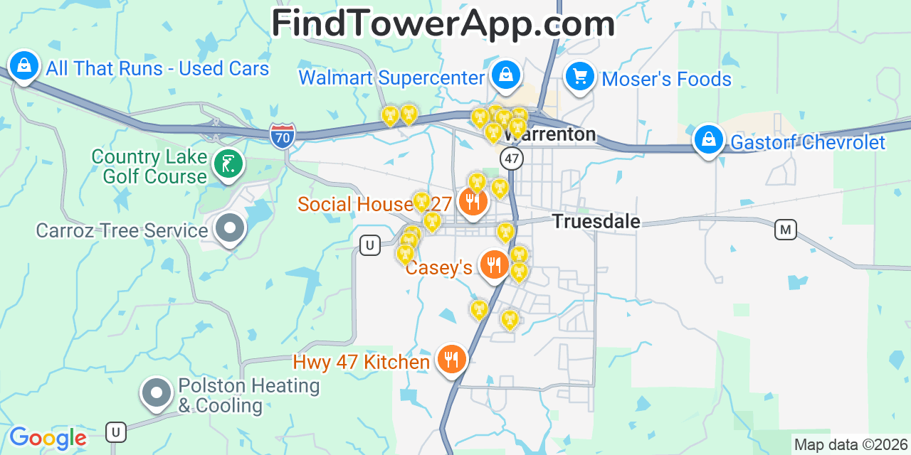 Map showing the 20 primary cell tower locations detected in Warrenton, Missouri from AT&T, Verizon, and T-Mobile networks