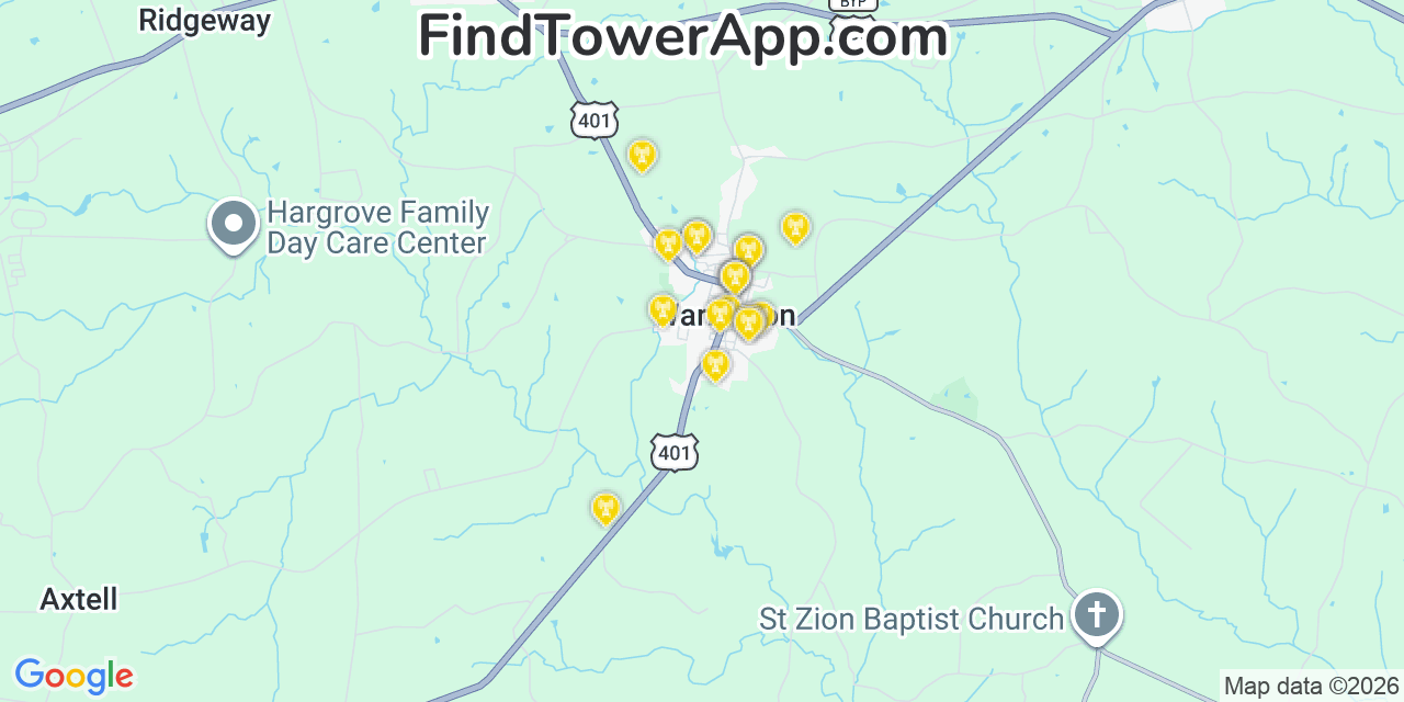Map showing the 20 primary cell tower locations detected in Warrenton, North Carolina from AT&T, Verizon, and T-Mobile networks