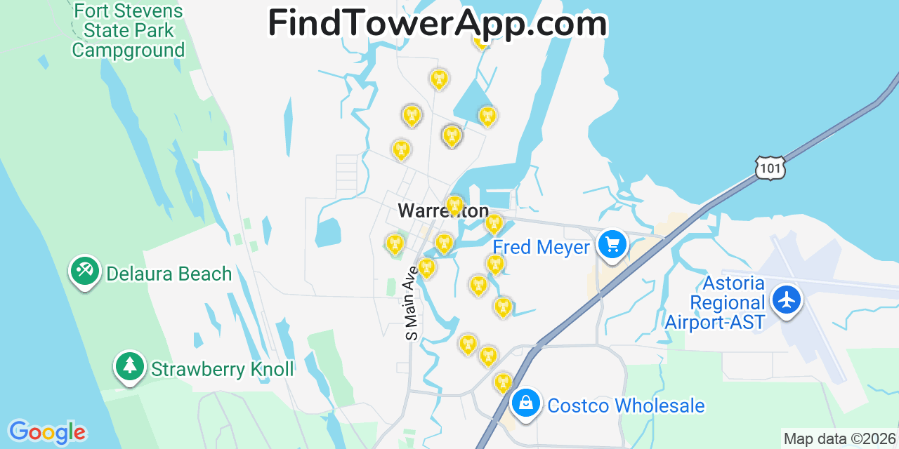 Map showing the 20 primary cell tower locations detected in Warrenton, Oregon from AT&T, Verizon, and T-Mobile networks