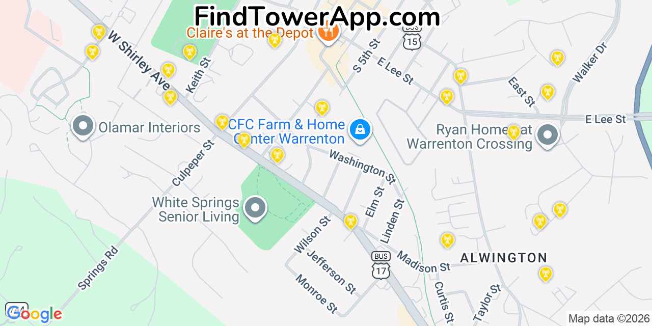 Map showing the 20 primary cell tower locations detected in Warrenton, Virginia from AT&T, Verizon, and T-Mobile networks