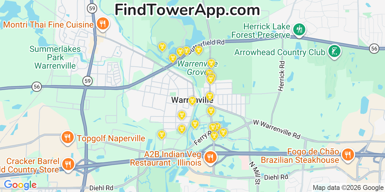 Map showing the 20 primary cell tower locations detected in Warrenville, Illinois from AT&T, Verizon, and T-Mobile networks