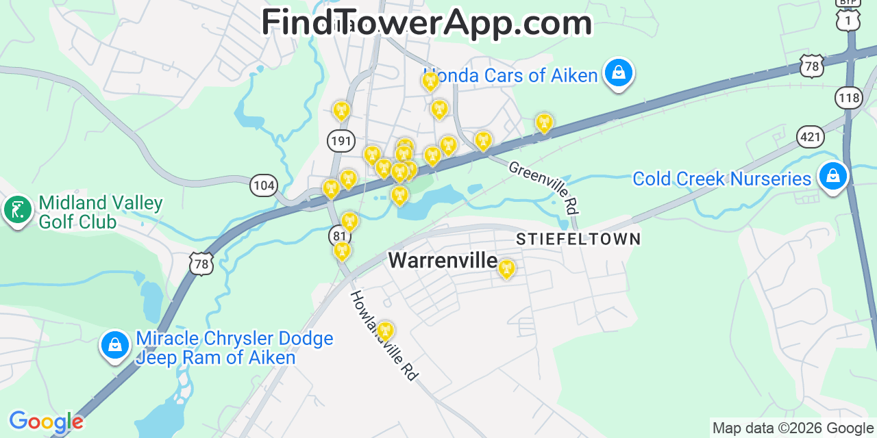Map showing the 20 primary cell tower locations detected in Warrenville, South Carolina from AT&T, Verizon, and T-Mobile networks