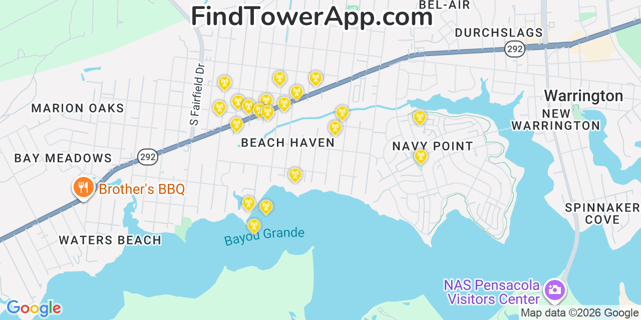 Map showing the 20 primary cell tower locations detected in Warrington, Florida from AT&T, Verizon, and T-Mobile networks