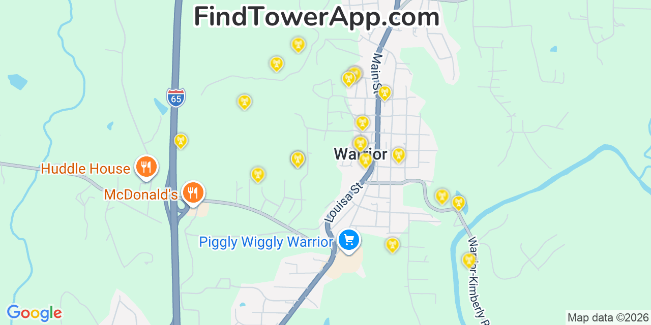 Map showing the 20 primary cell tower locations detected in Warrior, Alabama from AT&T, Verizon, and T-Mobile networks