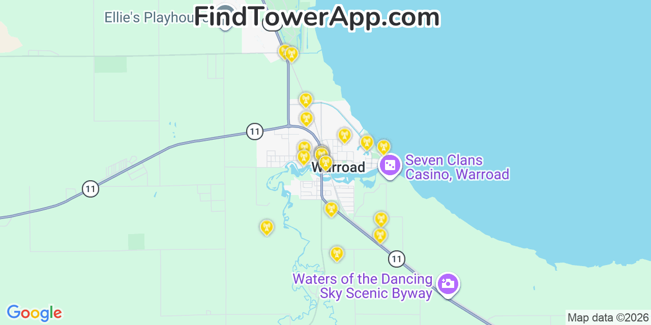 Map showing the 20 primary cell tower locations detected in Warroad, Minnesota from AT&T, Verizon, and T-Mobile networks