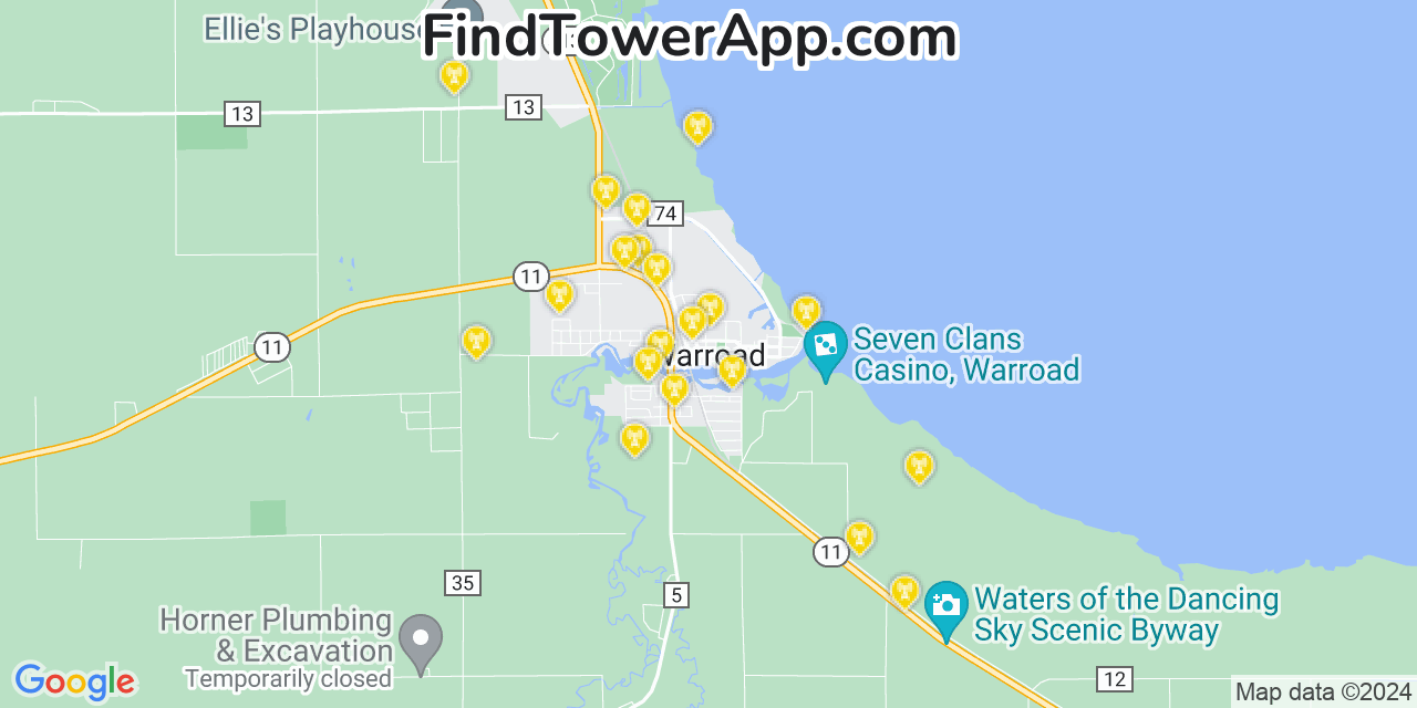 Verizon 4G/5G cell tower coverage map Warroad, Minnesota