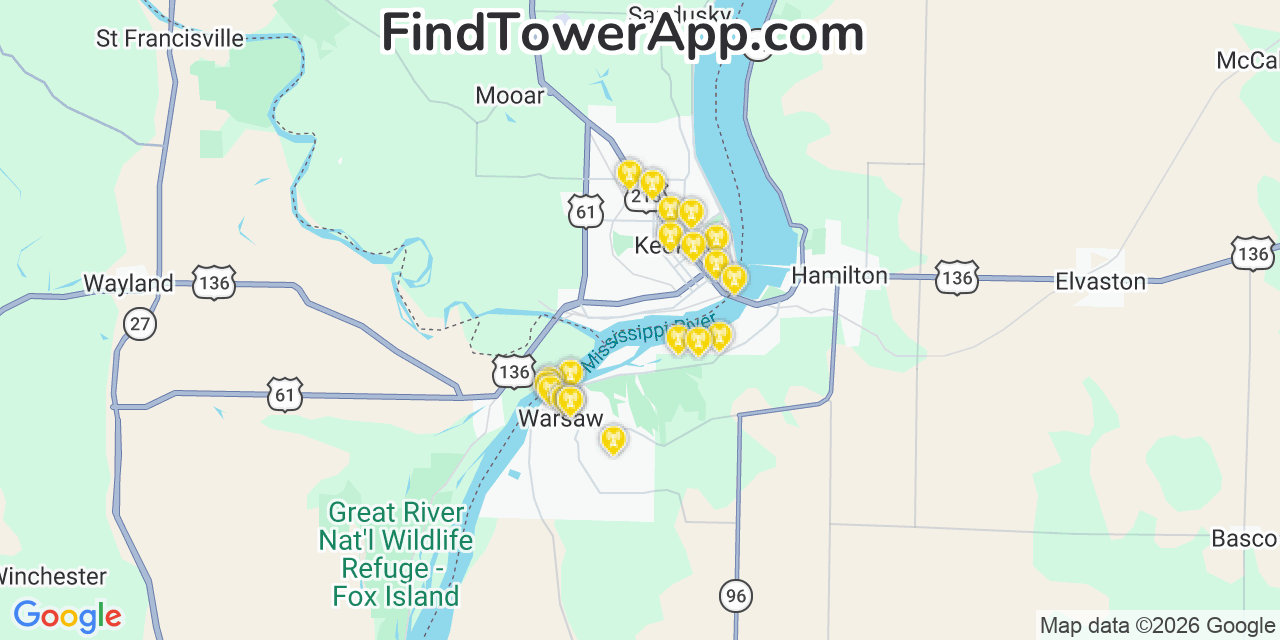 Map showing the 20 primary cell tower locations detected in Warsaw, Illinois from AT&T, Verizon, and T-Mobile networks