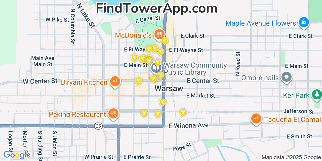 Map showing the 20 primary cell tower locations detected in Warsaw, Indiana from AT&T, Verizon, and T-Mobile networks