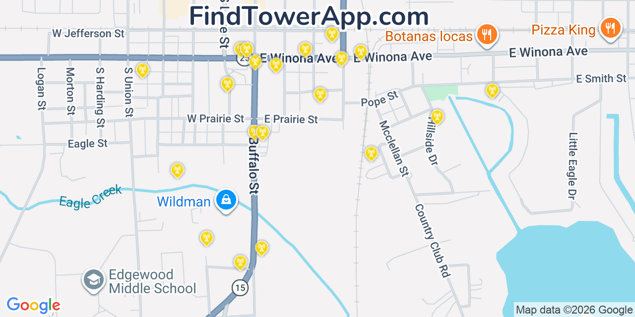Map showing the 20 primary cell tower locations detected in Warsaw, Indiana from AT&T, Verizon, and T-Mobile networks