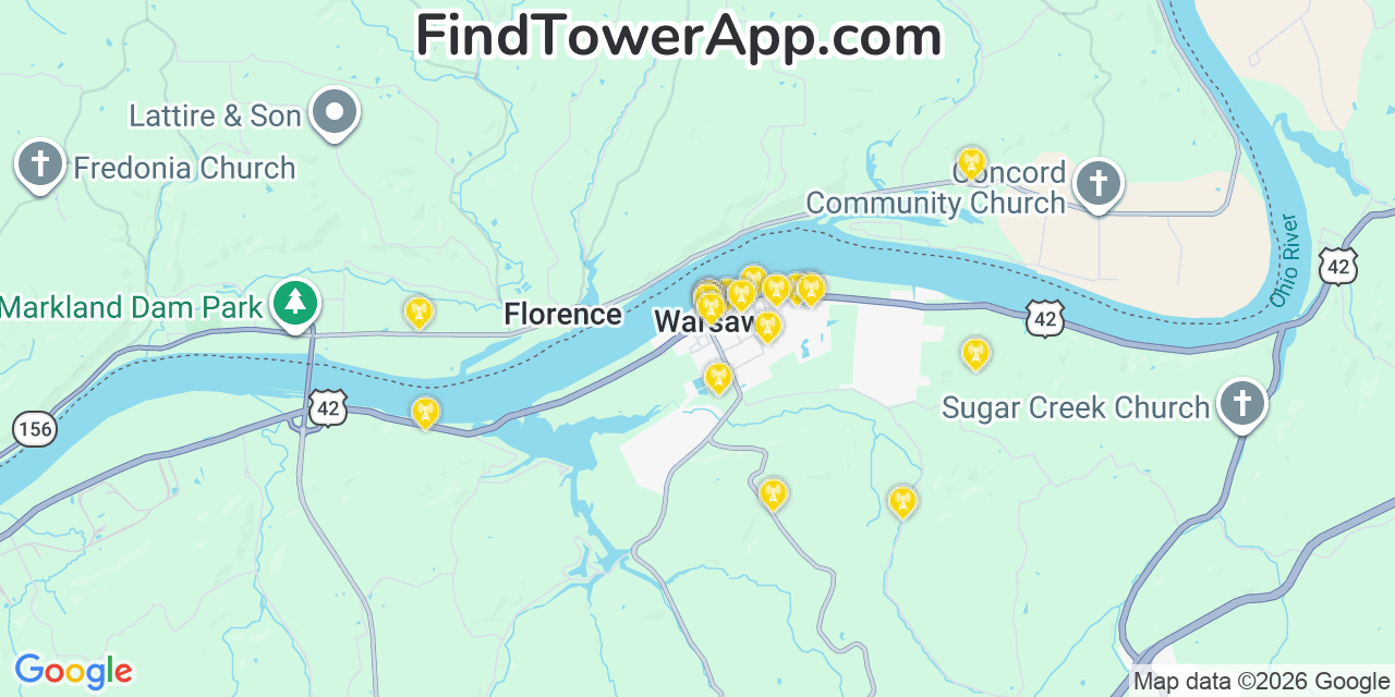 Map showing the 20 primary cell tower locations detected in Warsaw, Kentucky from AT&T, Verizon, and T-Mobile networks