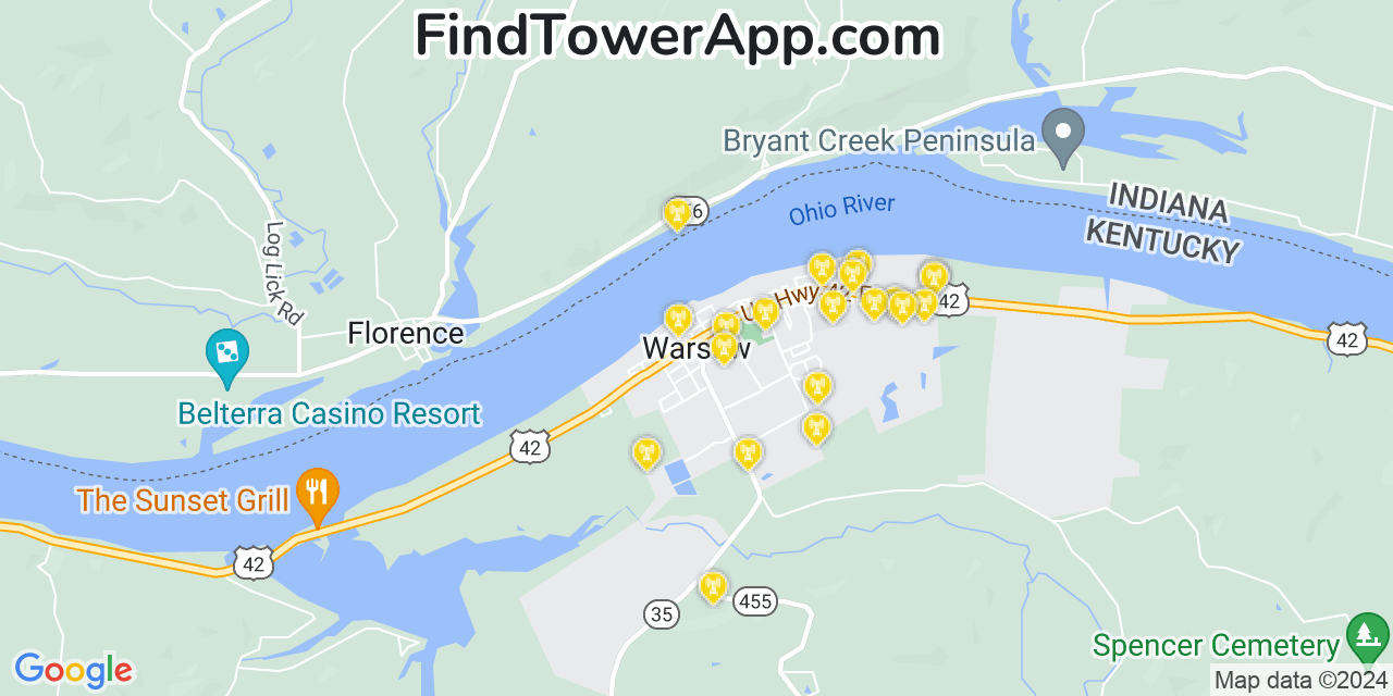 Verizon 4G/5G cell tower coverage map Warsaw, Kentucky