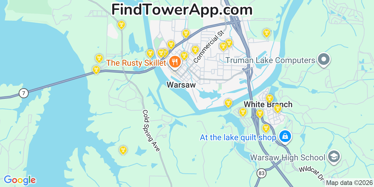 Map showing the 20 primary cell tower locations detected in Warsaw, Missouri from AT&T, Verizon, and T-Mobile networks