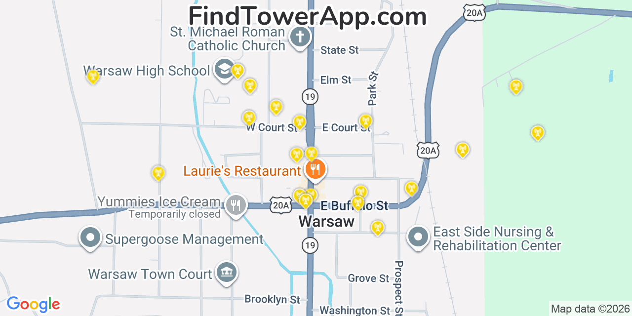 Map showing the 20 primary cell tower locations detected in Warsaw, New York from AT&T, Verizon, and T-Mobile networks