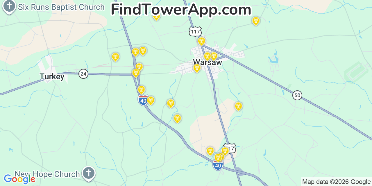 Map showing the 20 primary cell tower locations detected in Warsaw, North Carolina from AT&T, Verizon, and T-Mobile networks