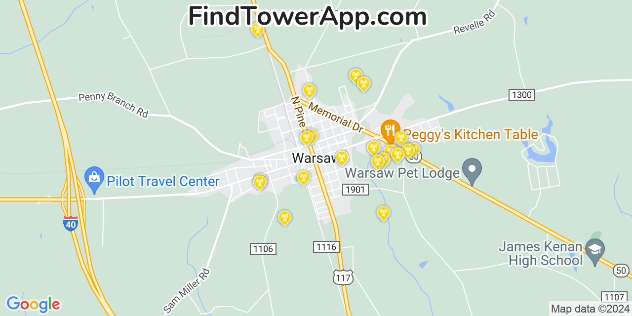 Verizon 4G/5G cell tower coverage map Warsaw, North Carolina