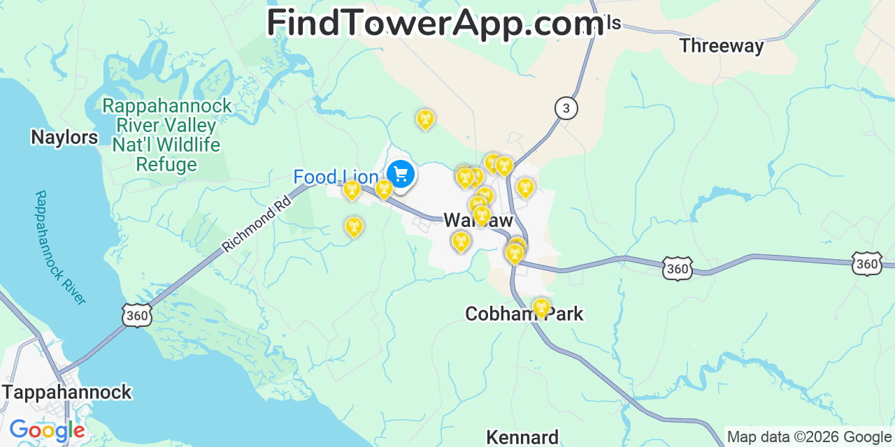 Map showing the 20 primary cell tower locations detected in Warsaw, Virginia from AT&T, Verizon, and T-Mobile networks