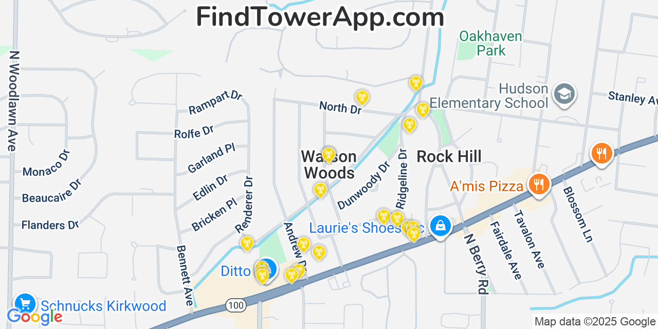 Map showing the 20 primary cell tower locations detected in Warson Woods, Missouri from AT&T, Verizon, and T-Mobile networks