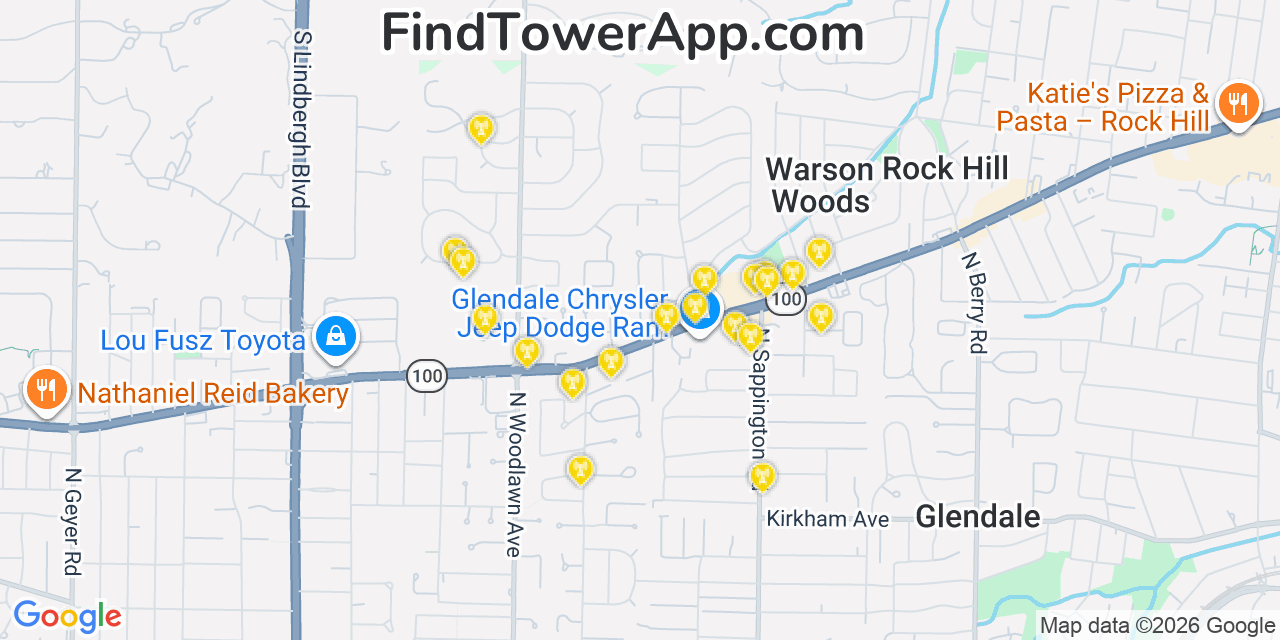 Map showing the 20 primary cell tower locations detected in Warson Woods, Missouri from AT&T, Verizon, and T-Mobile networks
