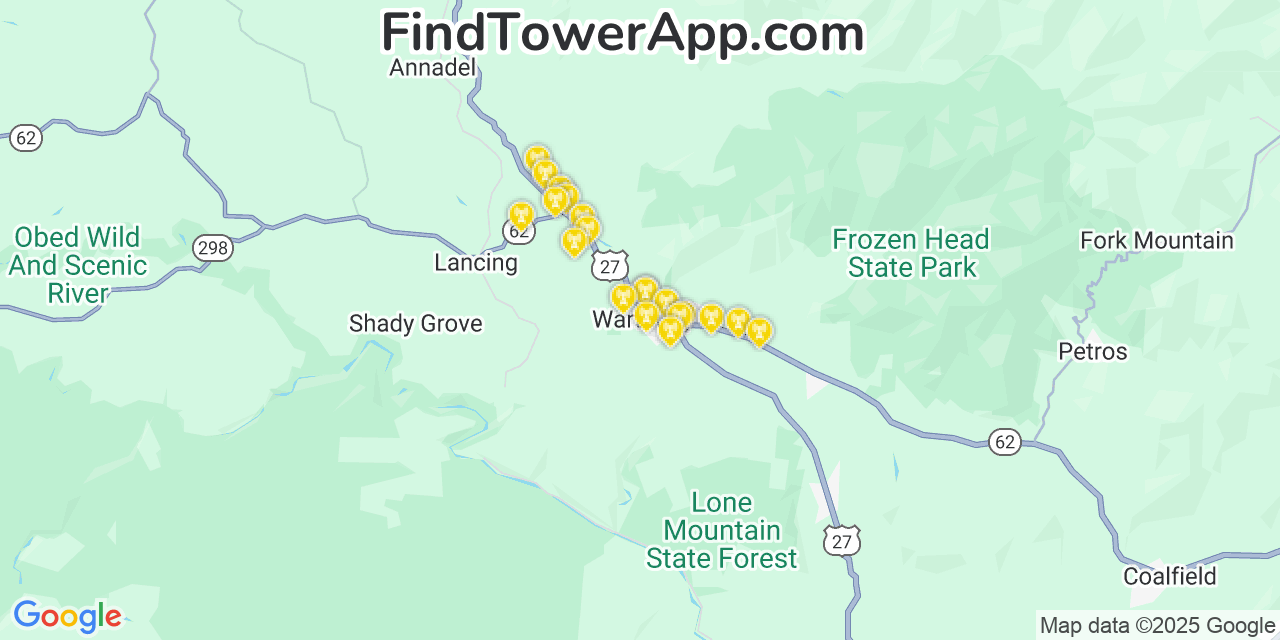 Map showing the 20 primary cell tower locations detected in Wartburg, Tennessee from AT&T, Verizon, and T-Mobile networks