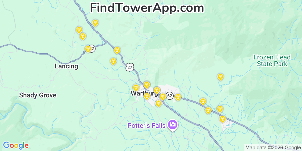 Map showing the 20 primary cell tower locations detected in Wartburg, Tennessee from AT&T, Verizon, and T-Mobile networks