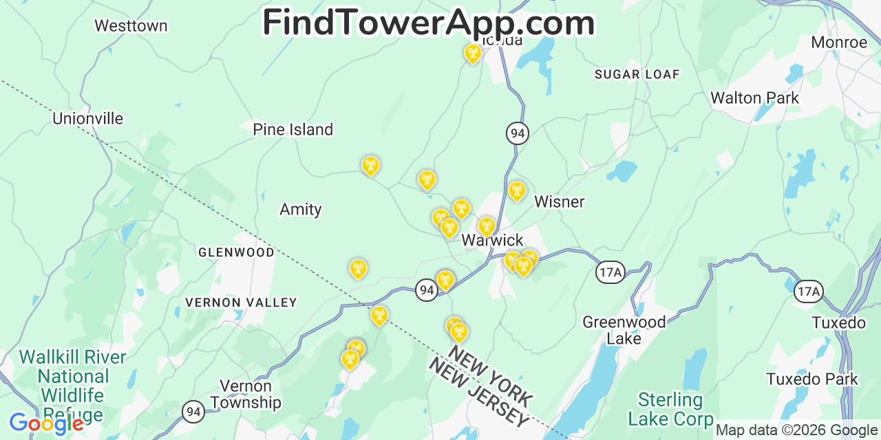 Map showing the 20 primary cell tower locations detected in Warwick, New York from AT&T, Verizon, and T-Mobile networks