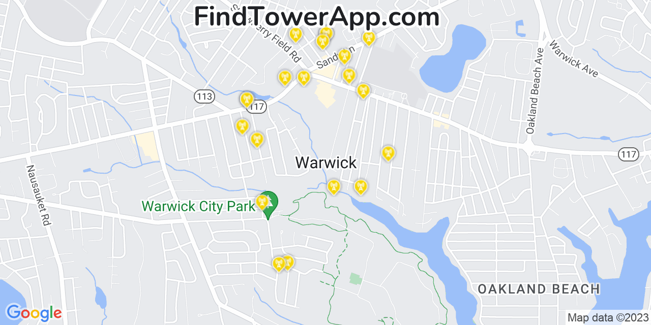 AT&T 4G/5G cell tower coverage map Warwick, Rhode Island