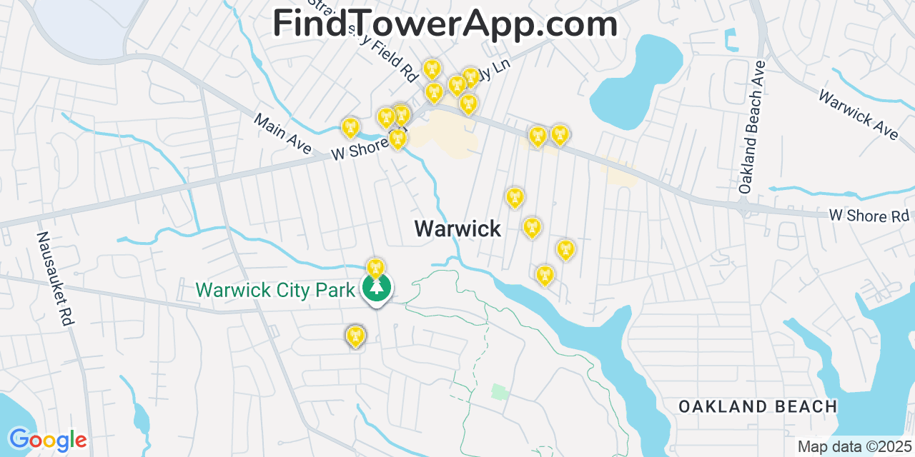 Map showing the 20 primary cell tower locations detected in Warwick, Rhode Island from AT&T, Verizon, and T-Mobile networks