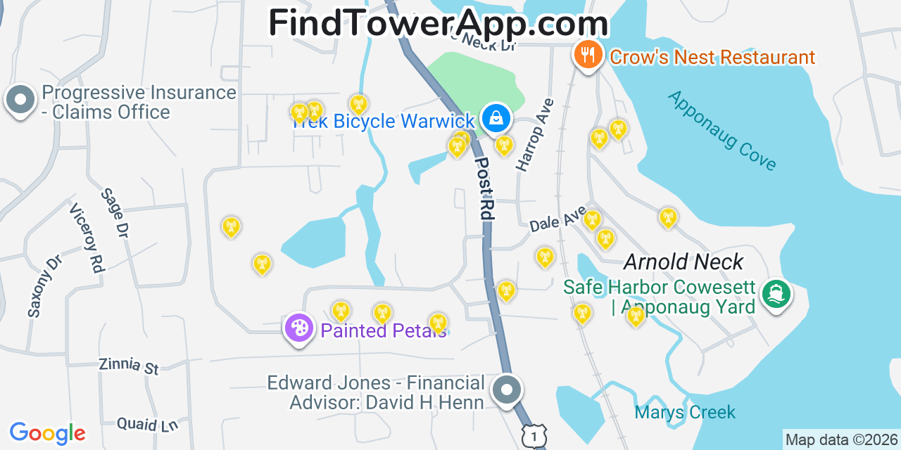 Map showing the 20 primary cell tower locations detected in Warwick, Rhode Island from AT&T, Verizon, and T-Mobile networks