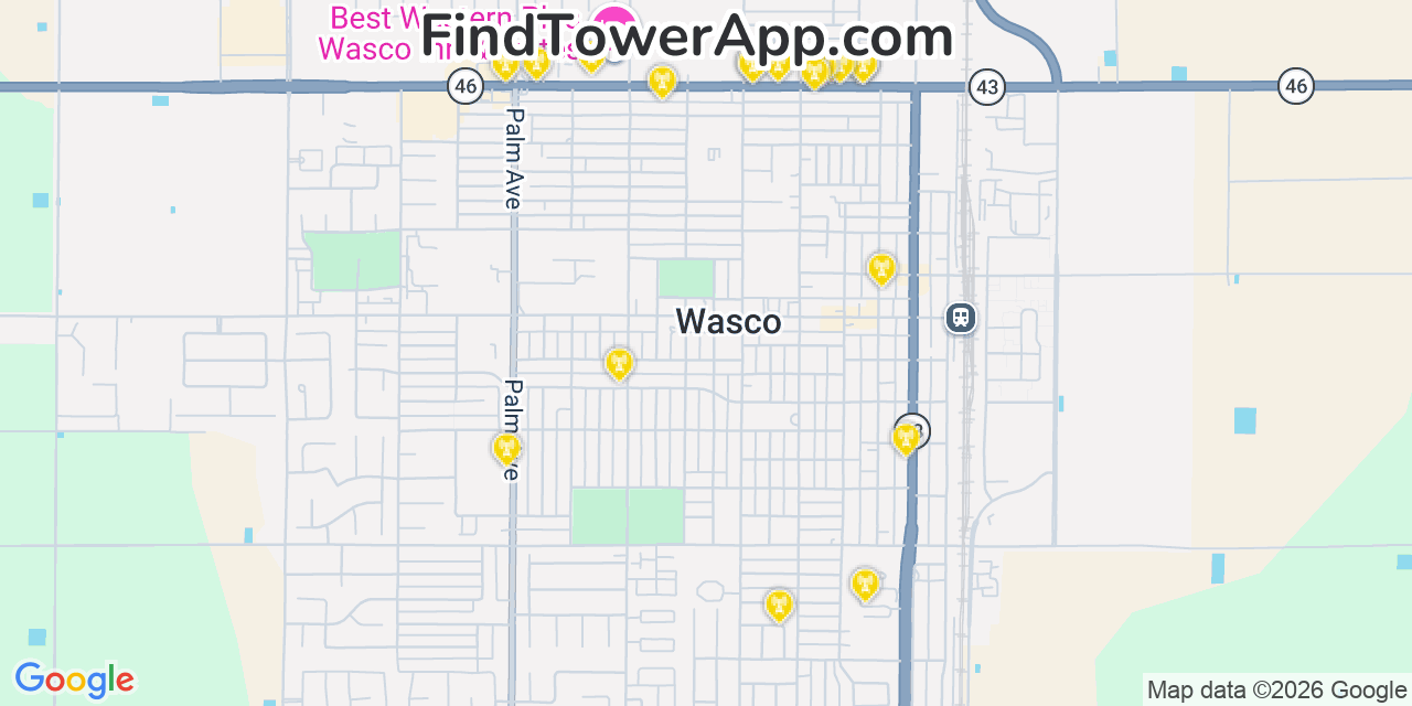Map showing the 20 primary cell tower locations detected in Wasco, California from AT&T, Verizon, and T-Mobile networks