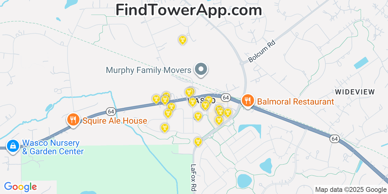 Map showing the 20 primary cell tower locations detected in Wasco, Illinois from AT&T, Verizon, and T-Mobile networks
