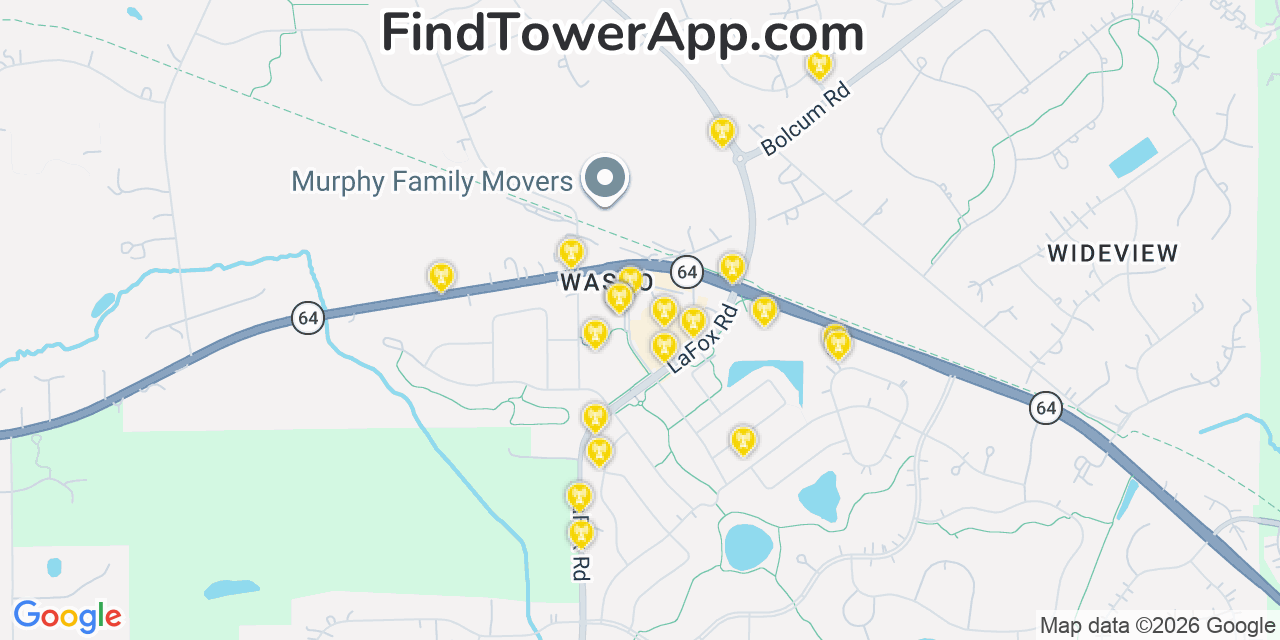 Map showing the 20 primary cell tower locations detected in Wasco, Illinois from AT&T, Verizon, and T-Mobile networks