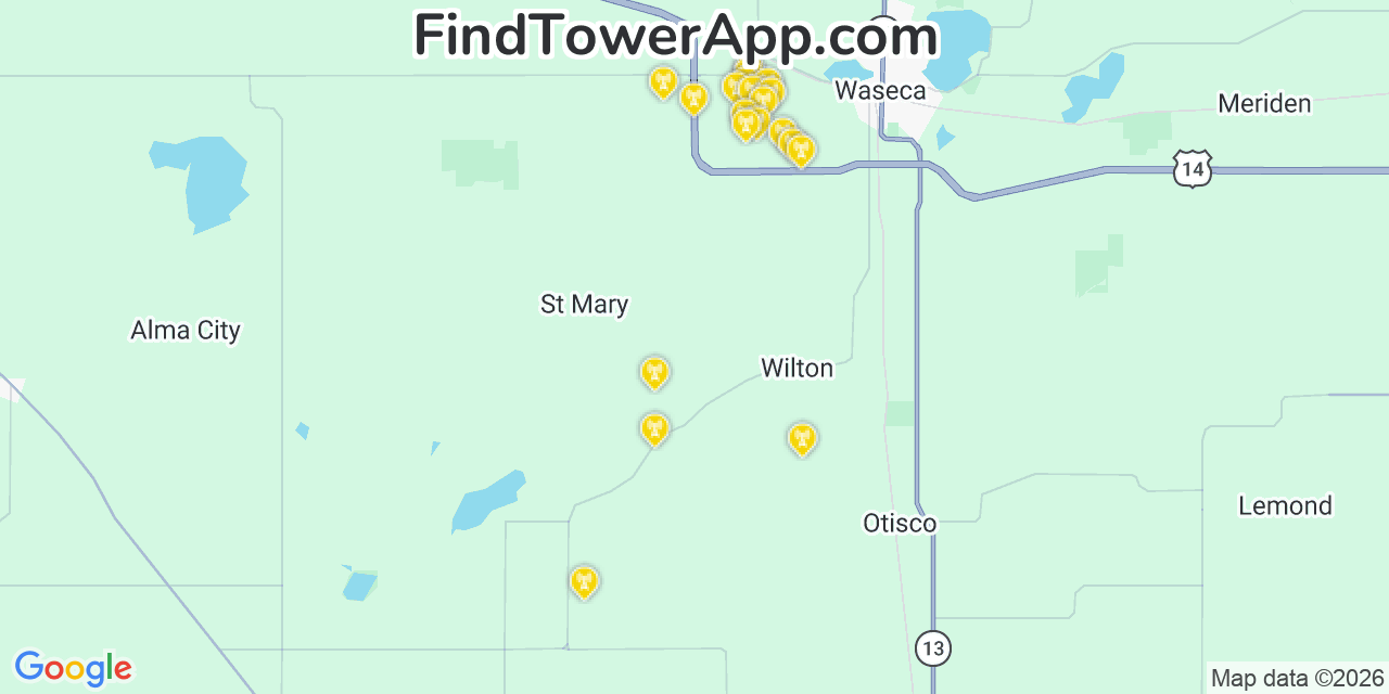 Map showing the 20 primary cell tower locations detected in Waseca, Minnesota from AT&T, Verizon, and T-Mobile networks