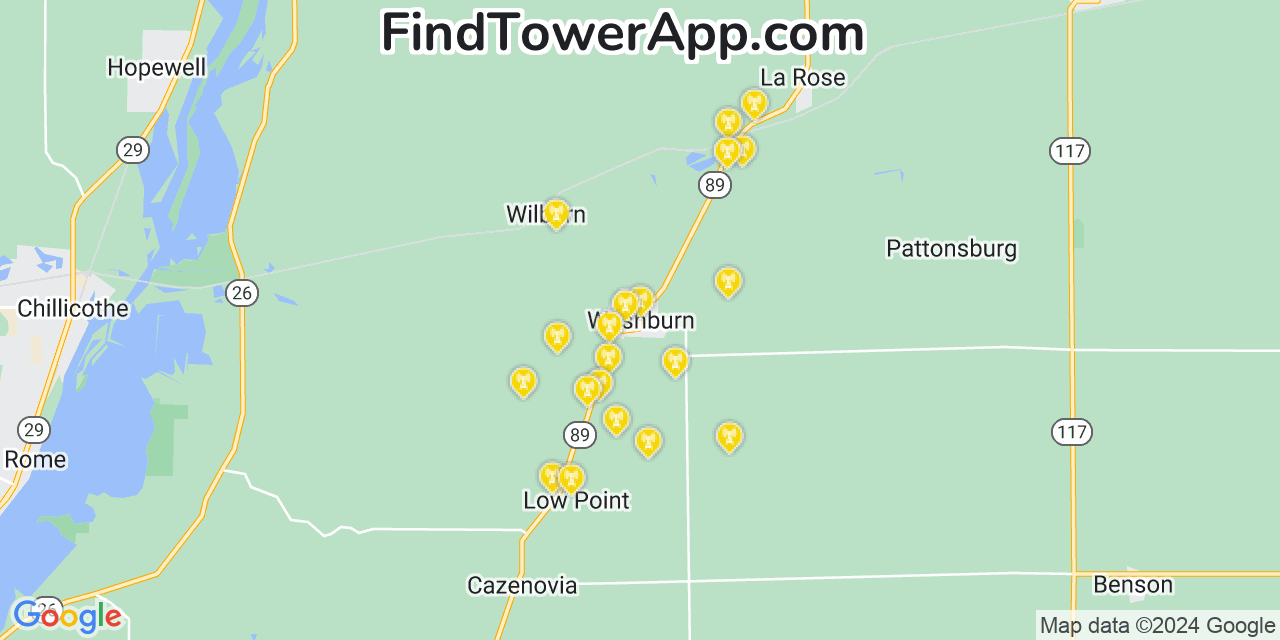 AT&T 4G/5G cell tower coverage map Washburn, Illinois