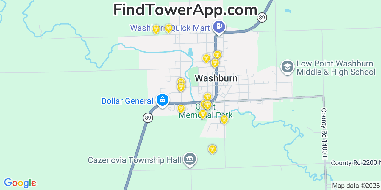 Map showing the 20 primary cell tower locations detected in Washburn, Illinois from AT&T, Verizon, and T-Mobile networks