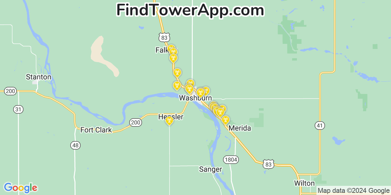 AT&T 4G/5G cell tower coverage map Washburn, North Dakota