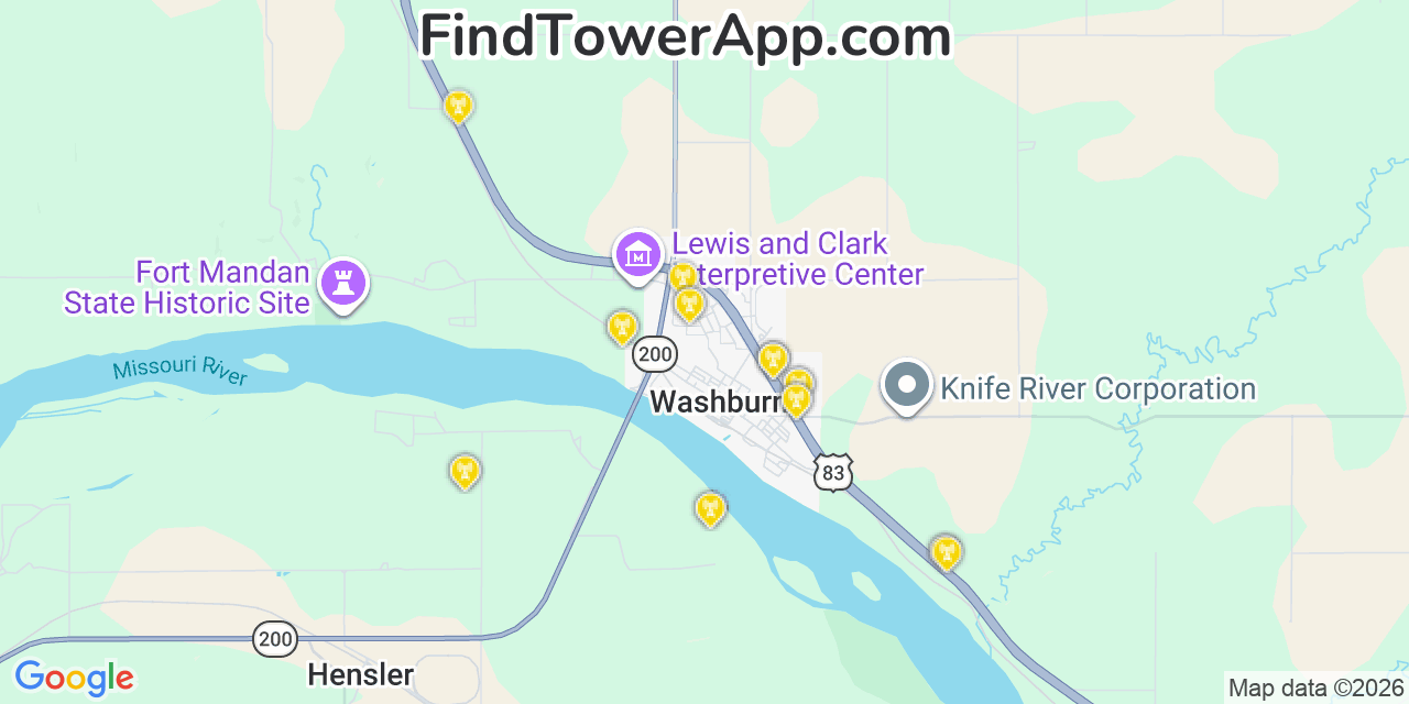 Map showing the 20 primary cell tower locations detected in Washburn, North Dakota from AT&T, Verizon, and T-Mobile networks