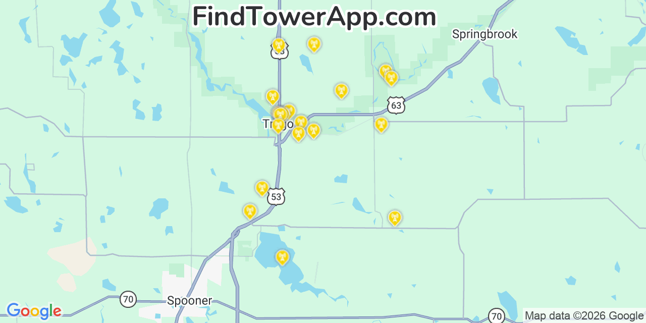 Map showing the 20 primary cell tower locations detected in Washburn, Wisconsin from AT&T, Verizon, and T-Mobile networks